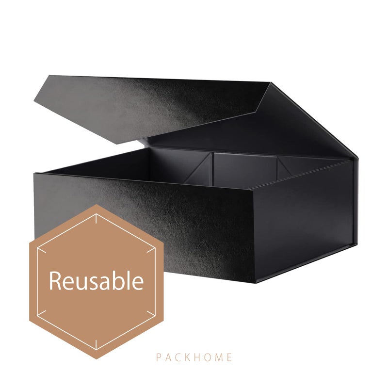 PACKHOME Large Gift Box with Lid 13.5x9x4.1 Inches, Sturdy Collapsible Gift Box with Magnetic Closure (Glossy Black, Grass Texture) - Image 3